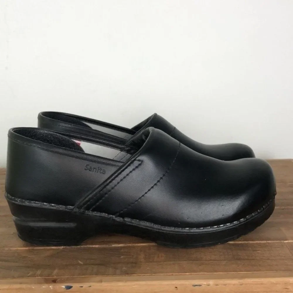 SANITA black leather classic platform Danish clogs us women’s size 10